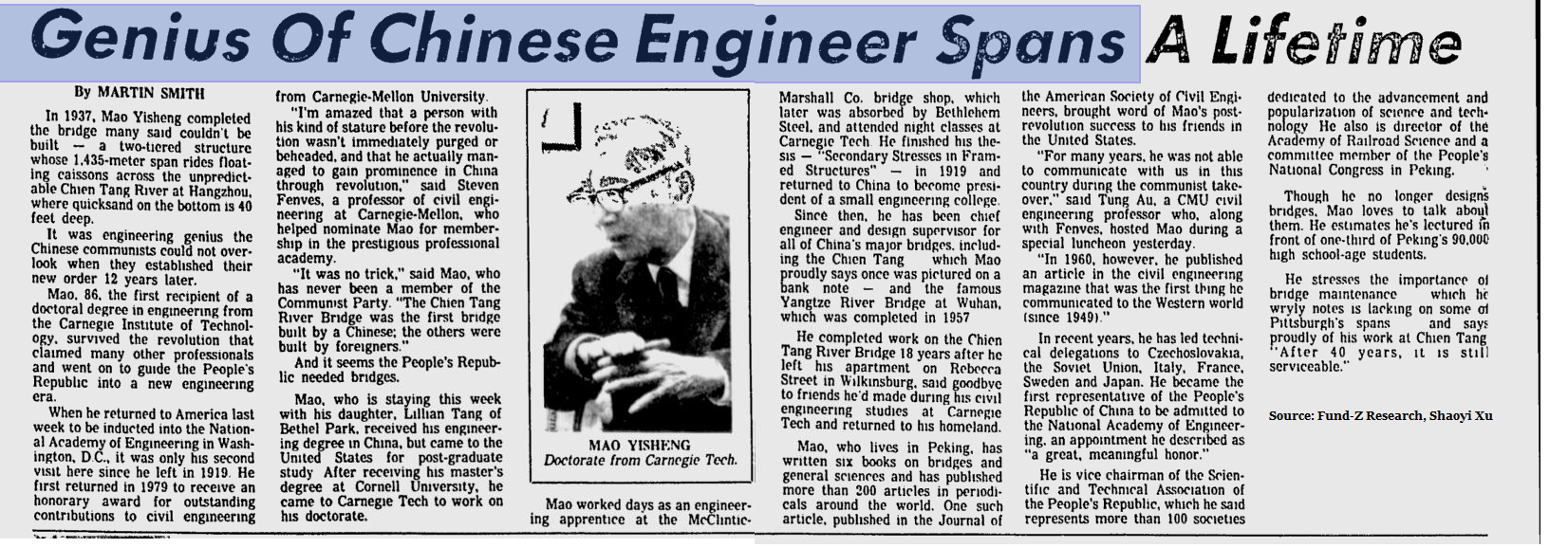 來自1982年《匹茲堡報(bào)》的報(bào)道——茅以升先生重回匹茲堡40周年考